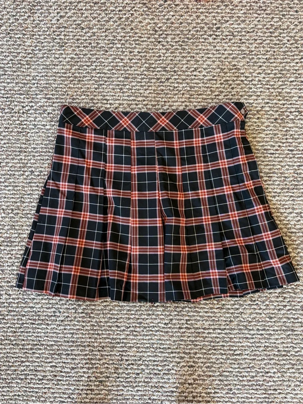 H&M Black Plaid Pleated Skater Skirt with Red Accents